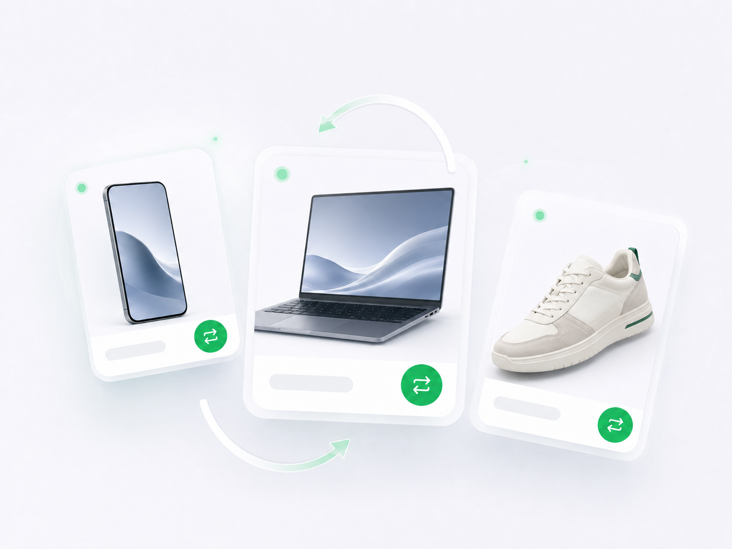 أمثلة على أغراض يتبادلها الناس على JustSwap — هاتف وحاسوب محمول وحذاء رياضي تربطها أسهم التبادل